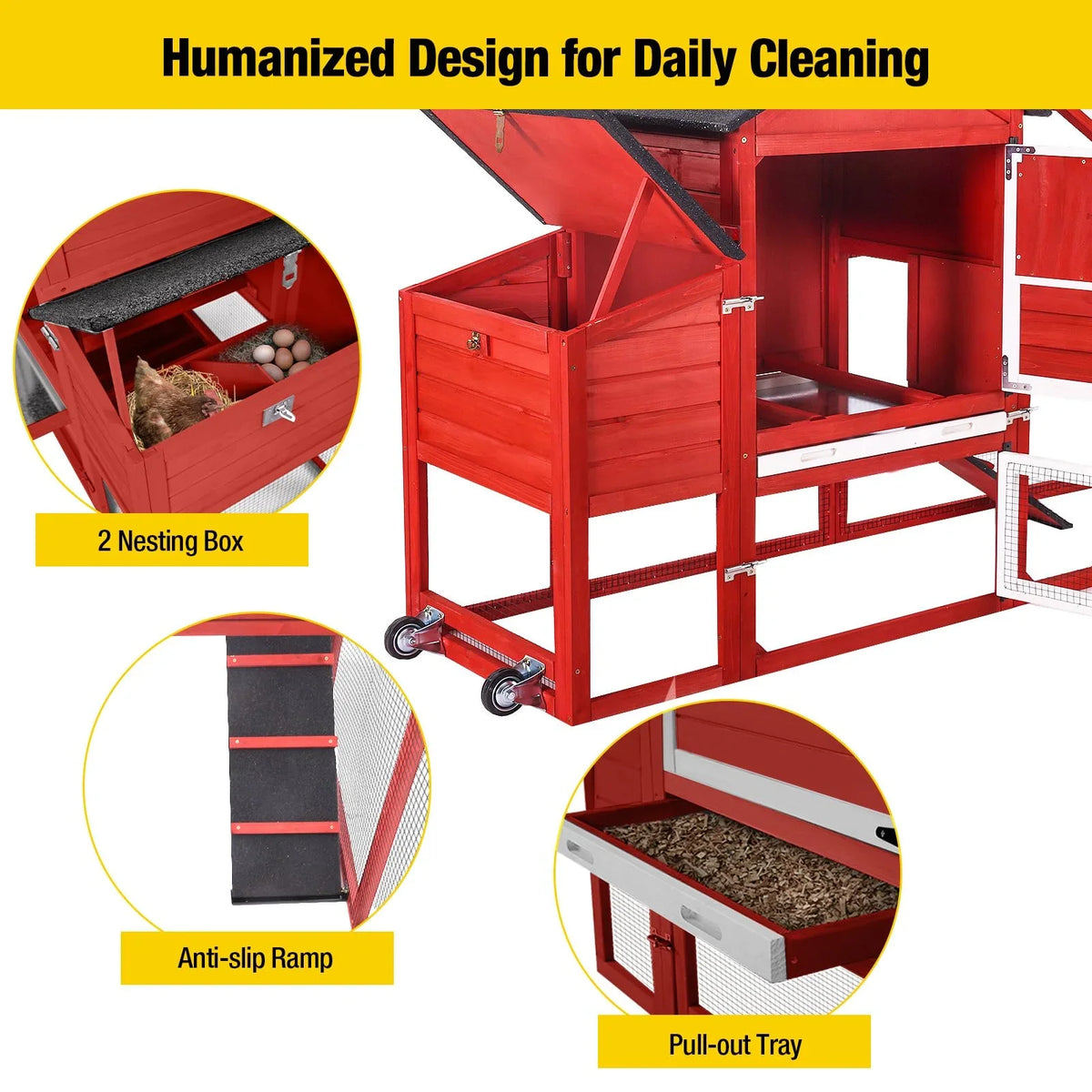 Aivituvin Mobile Chicken Coop with Wheels & Nesting Box for Outdoor, Expandable Wood Chicken House with Leakproof Pull-Out Tray and UV-Resistant Roof Panel, Gray
