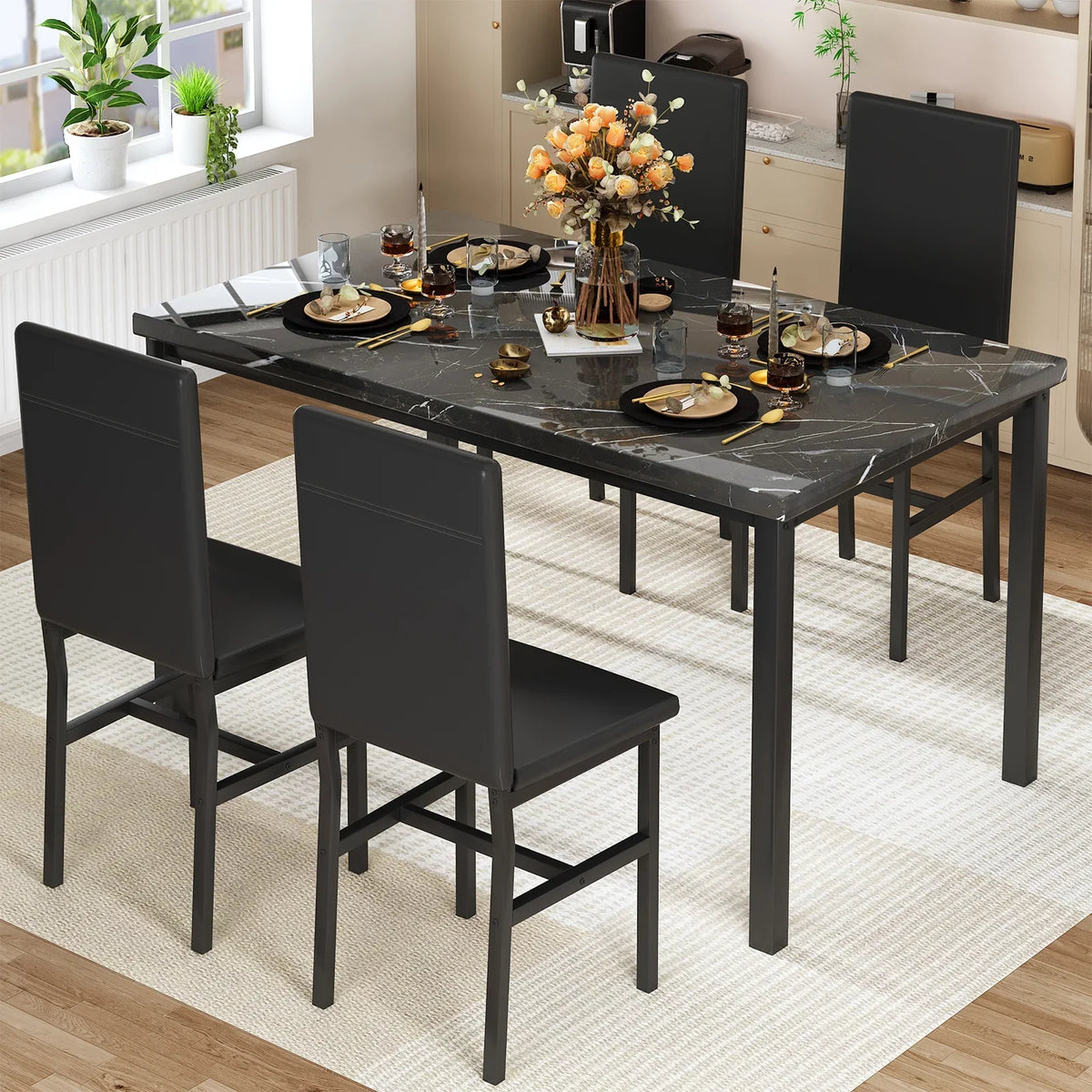 AWQM Dining Table Set of 4, Faux Marble 5 Piece Dining Room Table Set with PU Leather Chairs, Rectangular Kitchen Table Set for Apartment, Dining, White