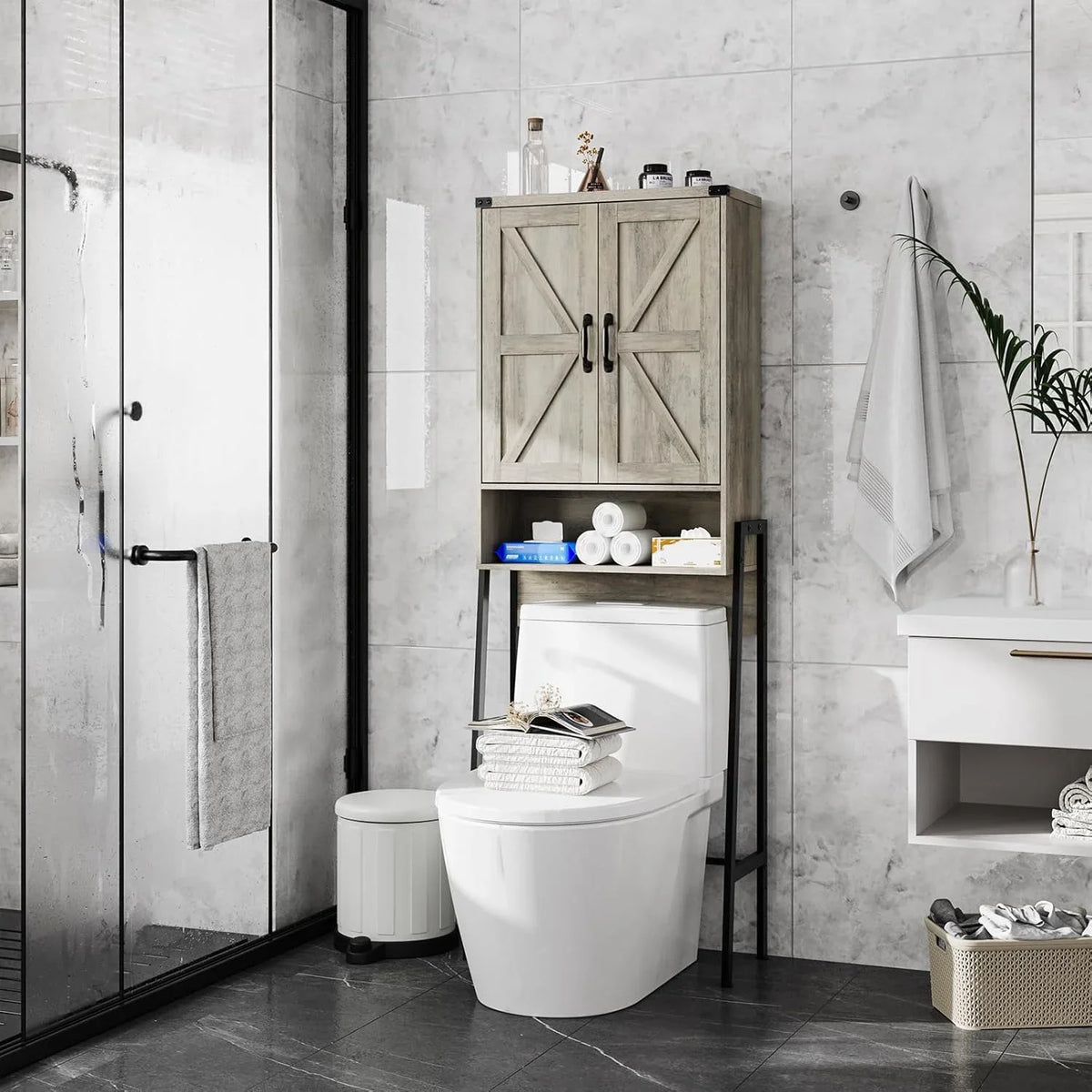 Vabches Over The Toilet Storage Cabinet, 68" H Farmhouse Freestanding Bathroom Storage Organizer with Double Doors & Storage Shelves