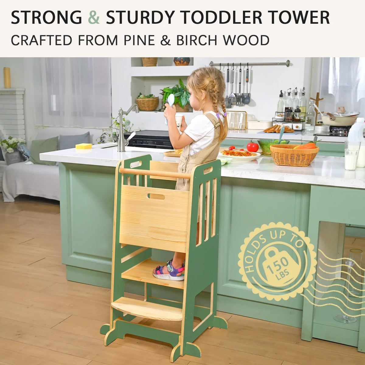 Toddler Standing Tower, Kids Kitchen Stool Helper 3 Levels Adjustable Height Wooden Toddler Step Stools for Learning New Skills