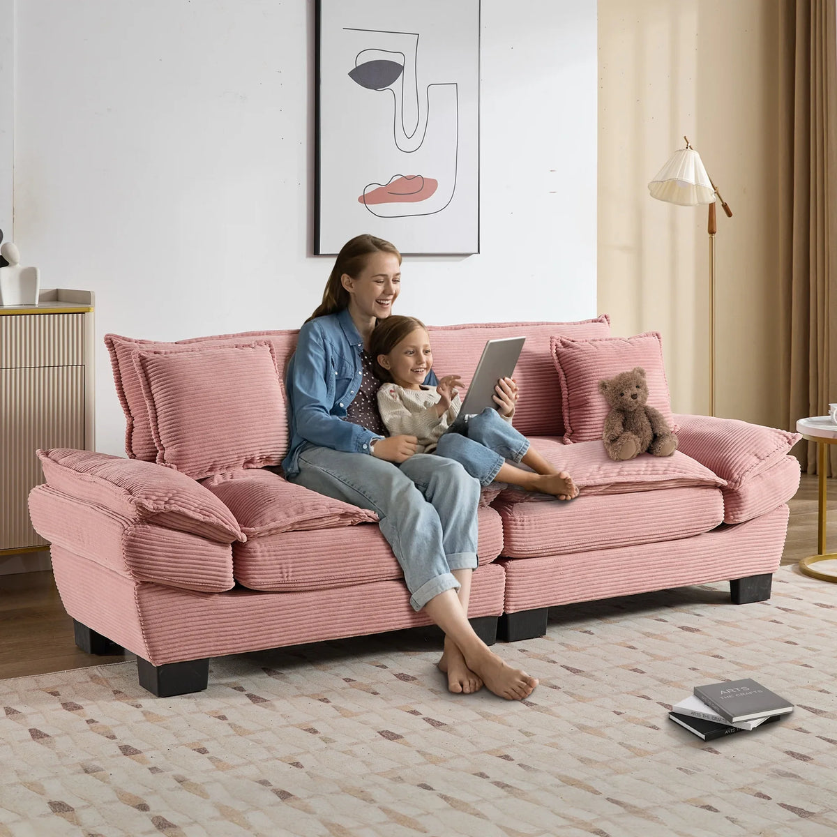 Dinosisco 84"L Deep Seat Sofa, Corduroy Upholstered Sleeper Couch for Living Room, Pink