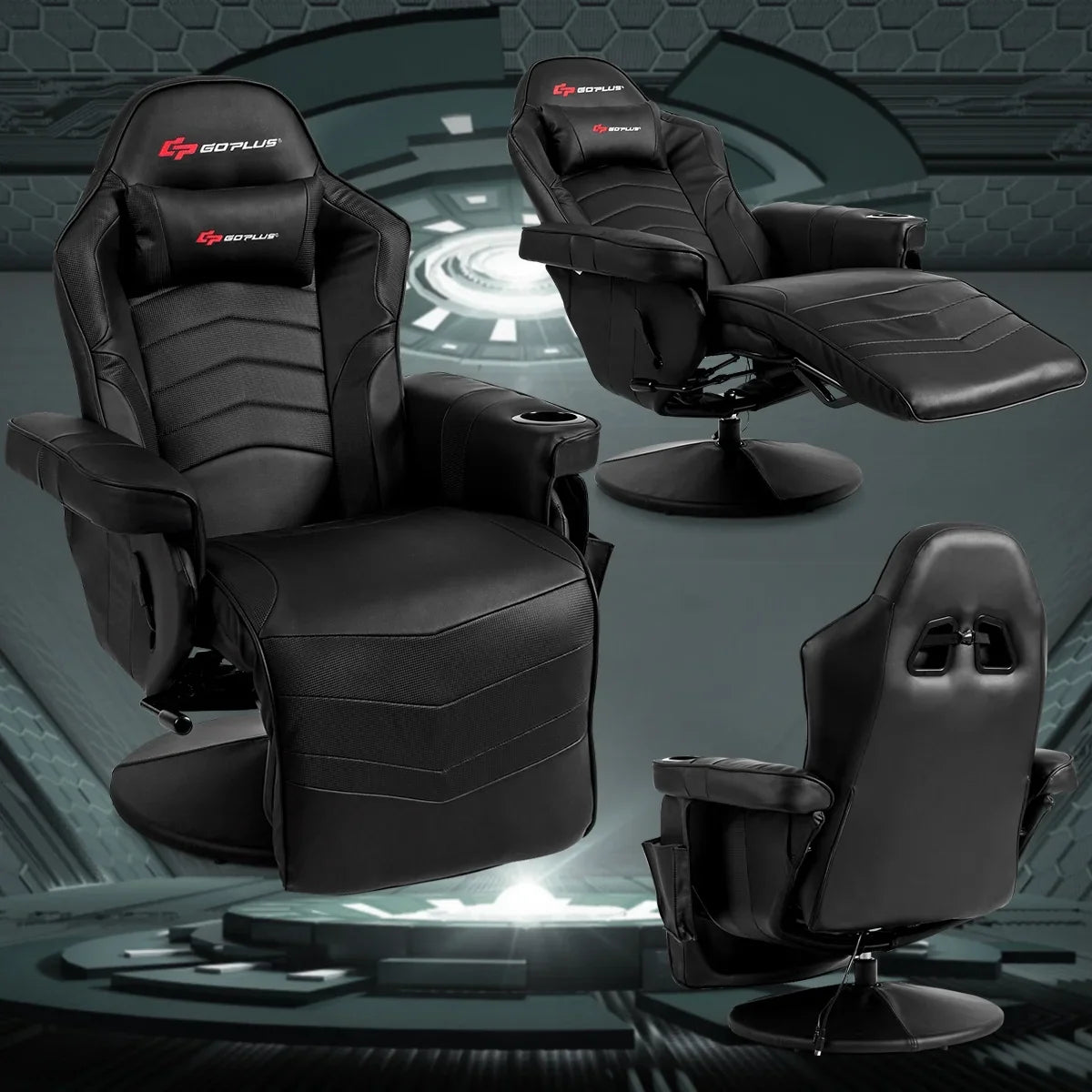 Goplus Massage Gaming Recliner Reclining Racing Chair Swivel Black