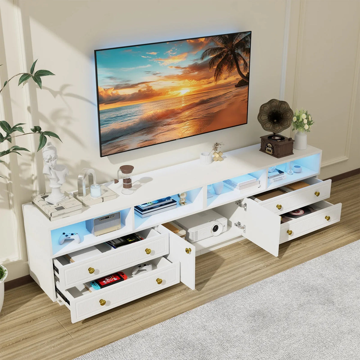 Planntonneo Mid-Century Modern Fluted TV Stand Wooden Media Console Entertainment Center for Living Room, Walnut Color