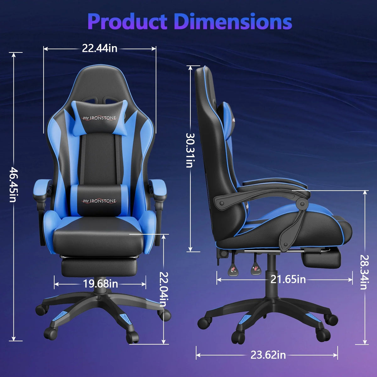 Mr IRONSTONE Office Gaming Chair with Footrest & Lumbar Support, Ergonomic Adjustable Computer Chair with Swivel Seat & Headrest, Blue