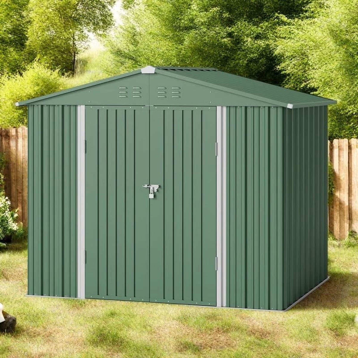 Asofer Outdoor Storage Shed 8 x 6 FT, Galvanized Metal Garden Shed with Double Lockable Doors for Backyard Patio Lawn-Green
