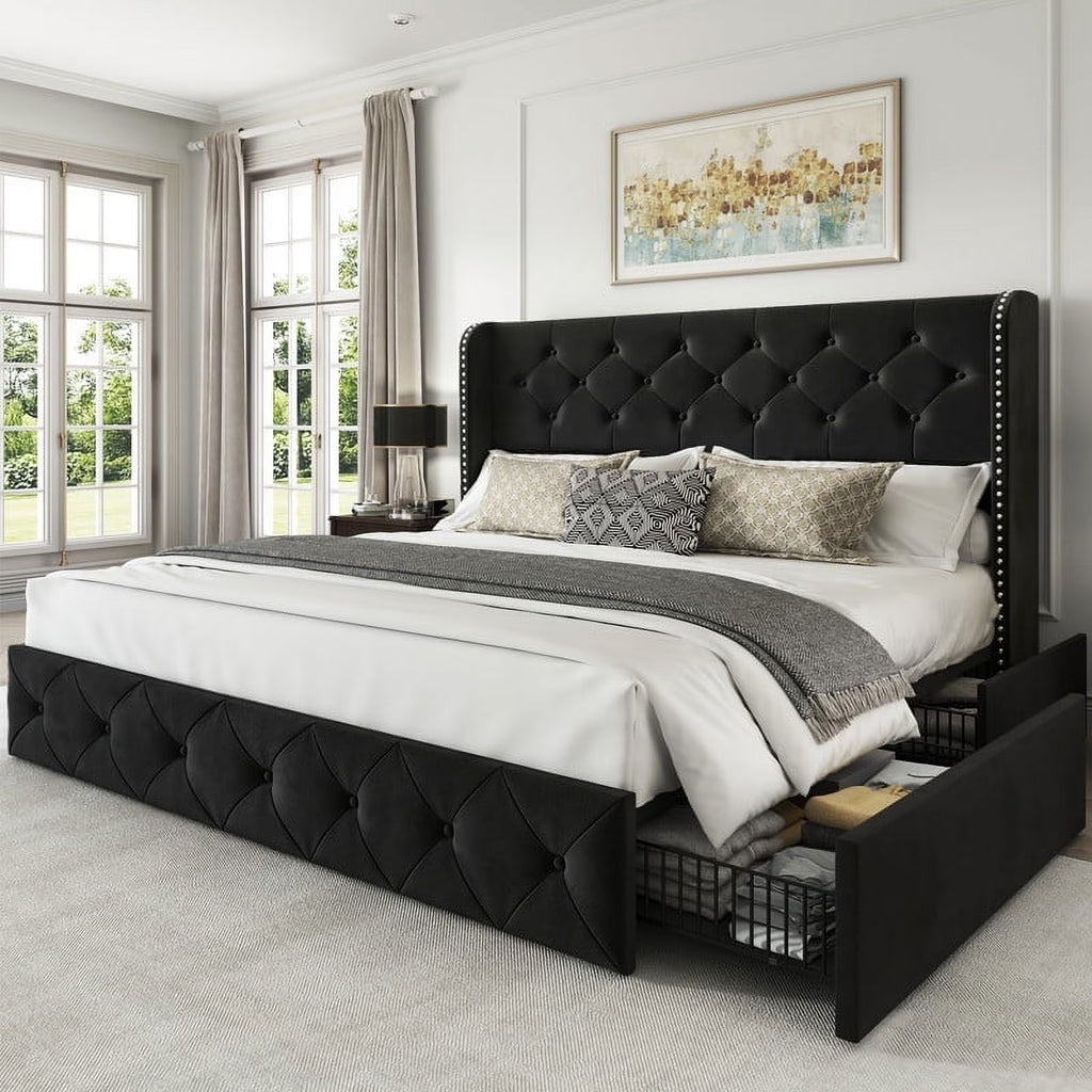 LARMACE Queen Size Platform Bed Frame with 4 Storage Drawers and Tufted Headboard Linen Upholstered Bed Wingback Bed Frame with Wooden Slats Support, Easy Assembly, Light Grey