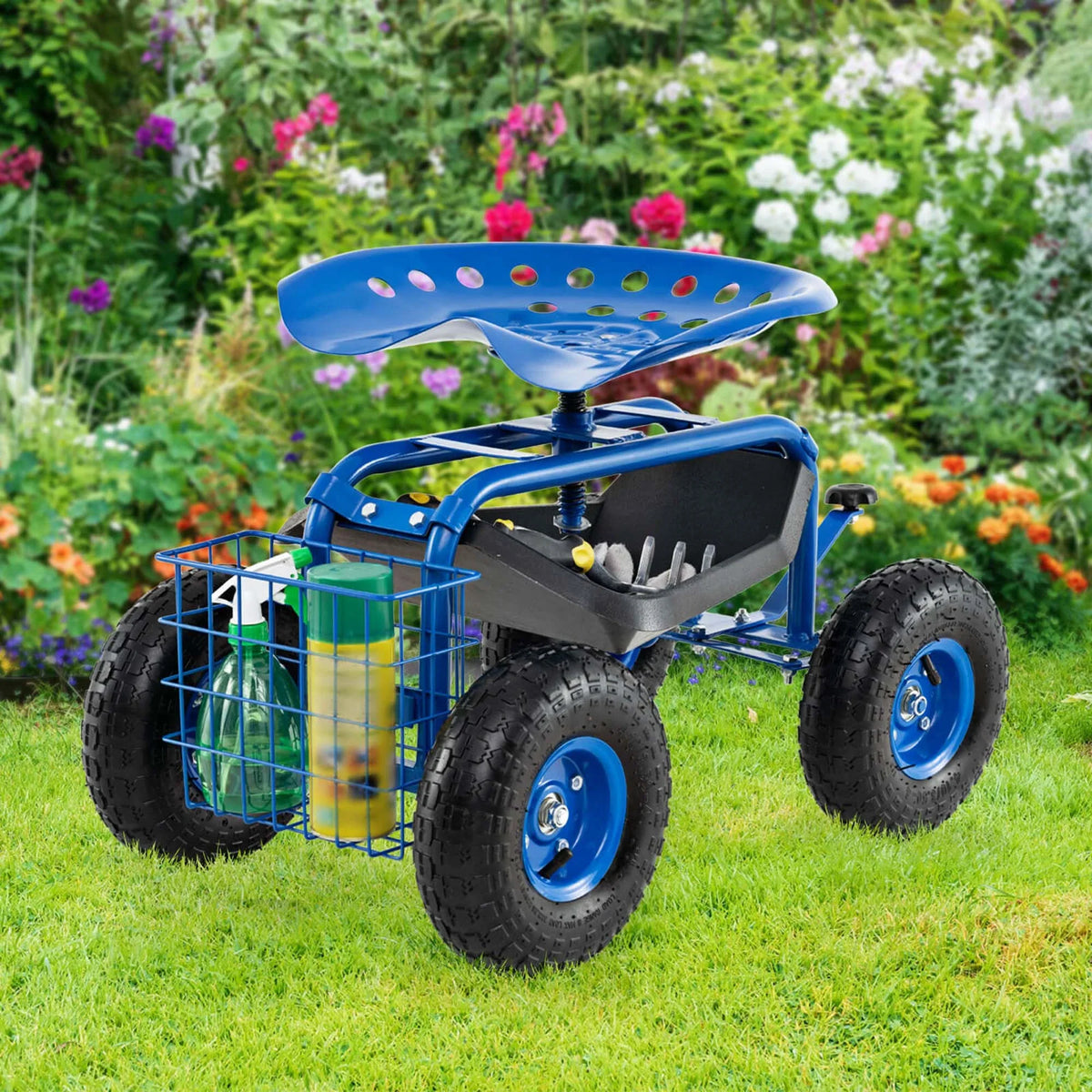 Costway Garden Cart Rolling Work Seat w/ Tool Tray Basket Green