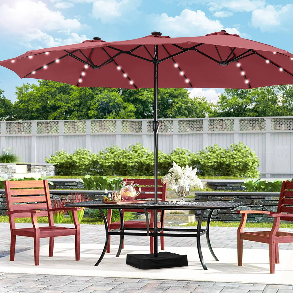 Alpha Joy 15ft Extra Large Outdoor Patio Double-Sided Umbrella with LED Solar Lights & Umbrella Base, Beige