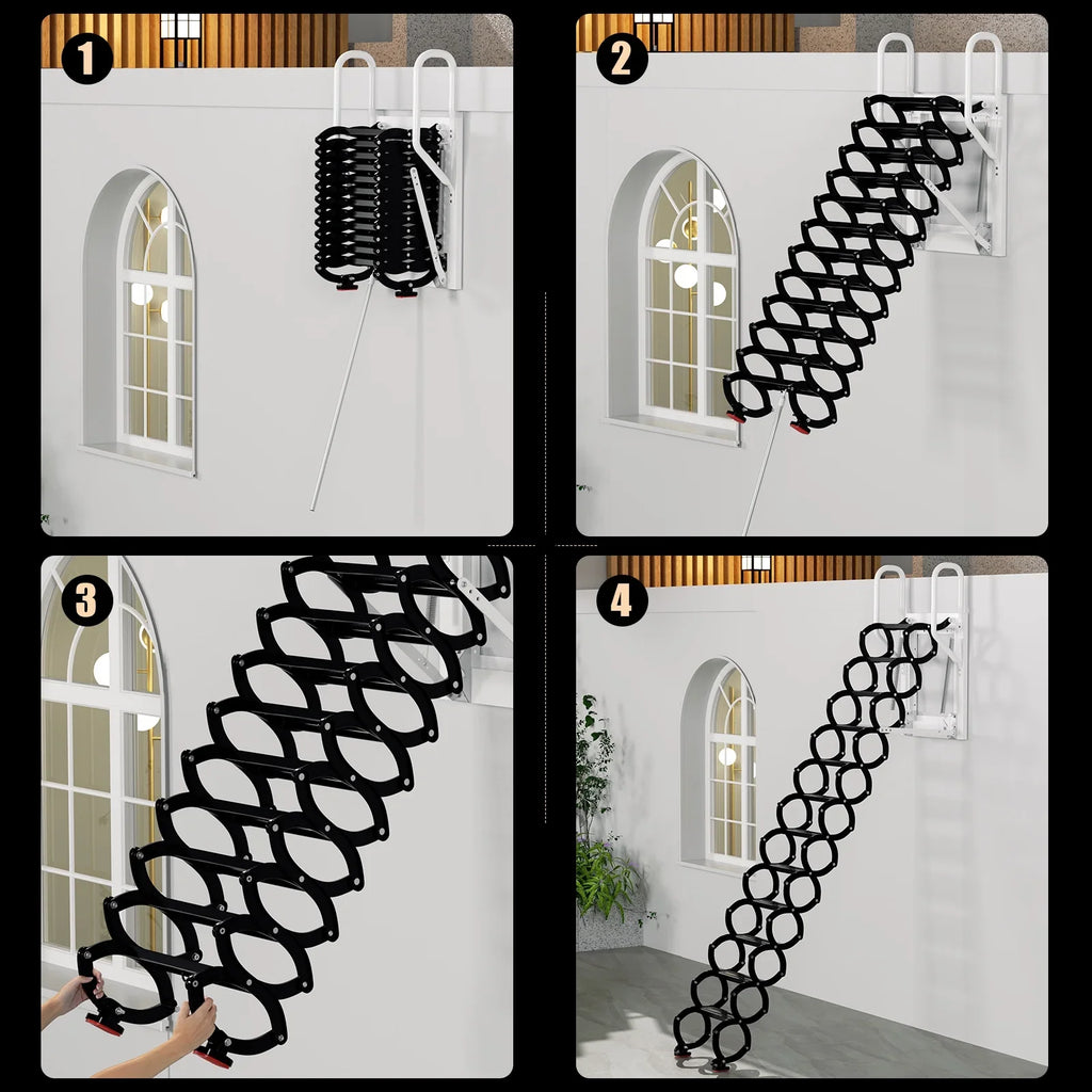 Mad Hornets Wall Mounted Folding Ladder Black Loft Attic Stairs Pull down 12 Steps