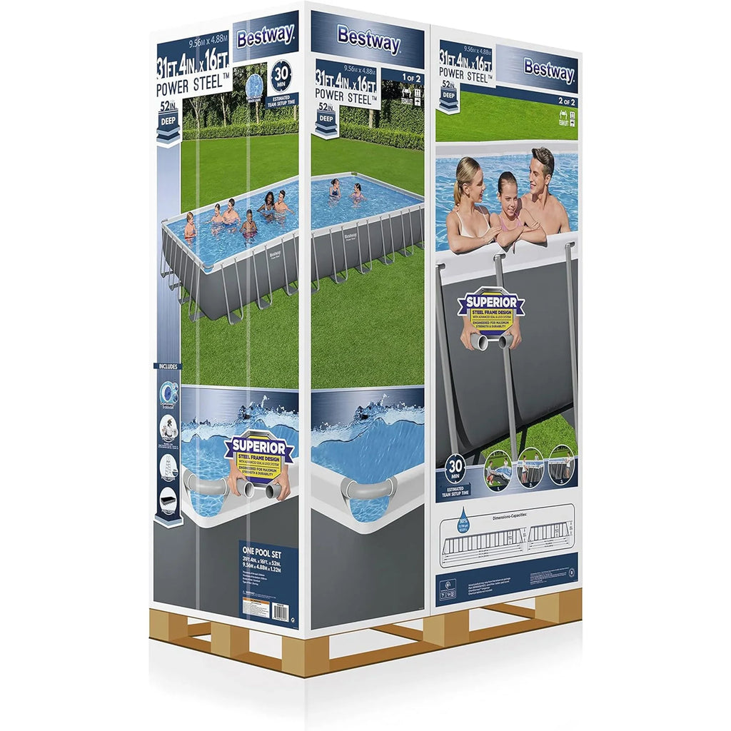 Bestway Power Steel Rectangular Metal Frame Above Ground Pool Set, Grey