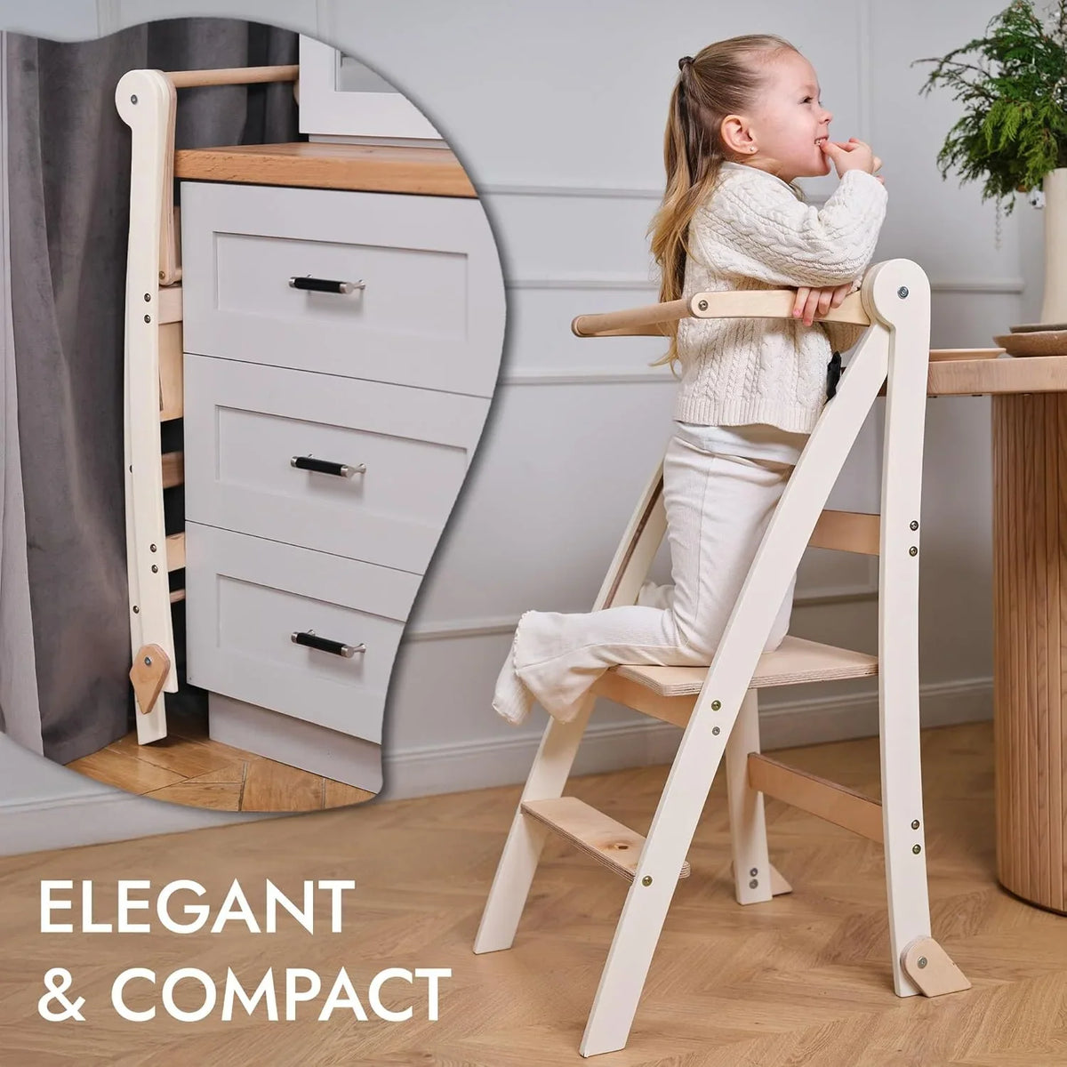 Folding Wooden Kitchen Standing Stool for Toddlers �C Safe & Compact Learning Step Stool, Ages 18 Months+