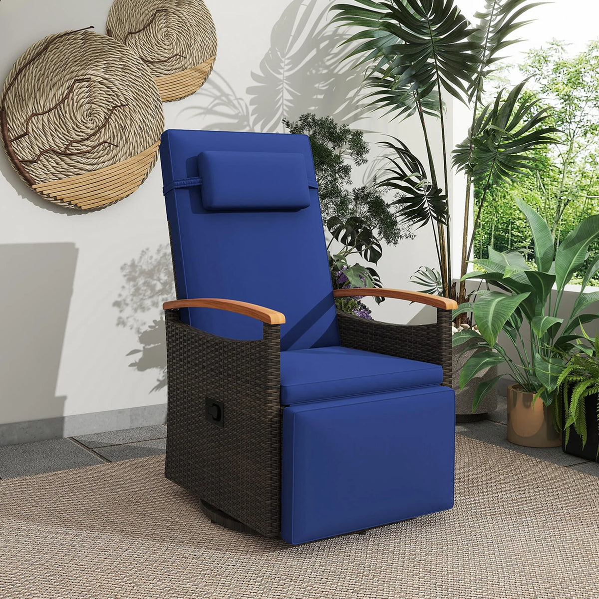 Costway Outdoor 360" Swivel Rattan Recliner Chair Patio Wicker Chaise Lounge Chair Beige