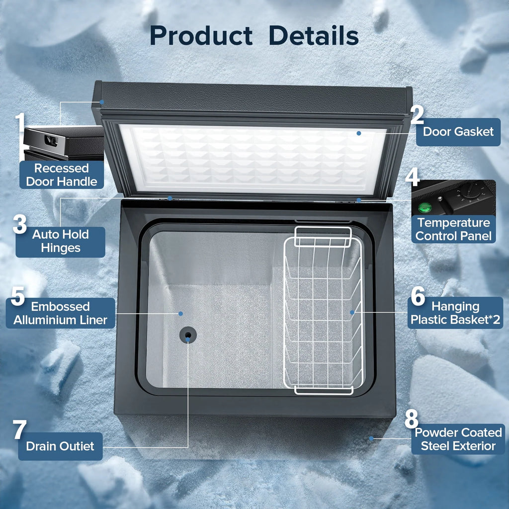 Auseo Mini Freezer Chest 3.5 cu ft, Black Deep Freezer & Side Handle, Compact Freezer with 7 Gear Adjustable Temperature, Removable Storage Basket*2, Energy Saving