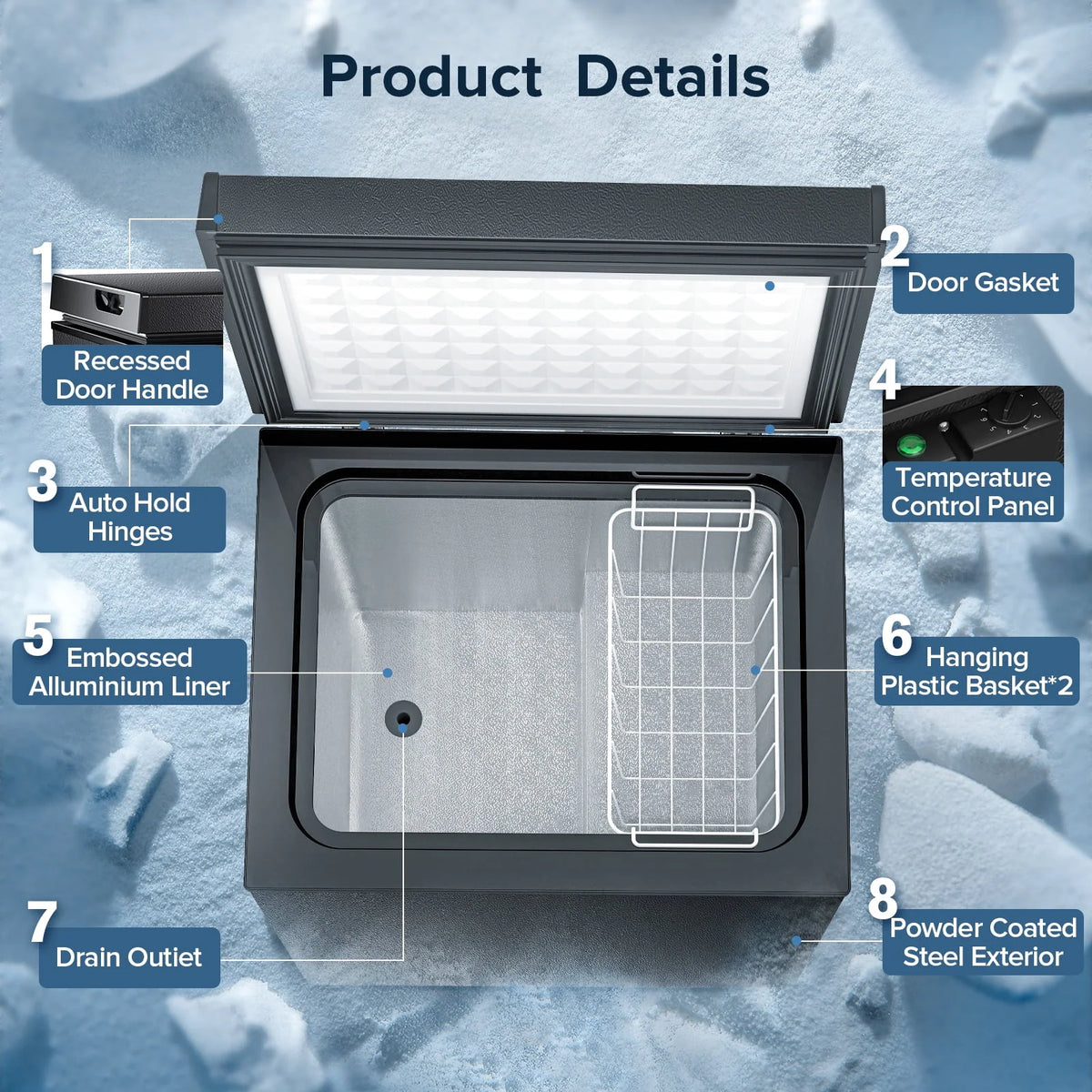 Auseo Mini Freezer Chest 3.5 cu ft, Black Deep Freezer & Side Handle, Compact Freezer with 7 Gear Adjustable Temperature, Removable Storage Basket*2, Energy Saving