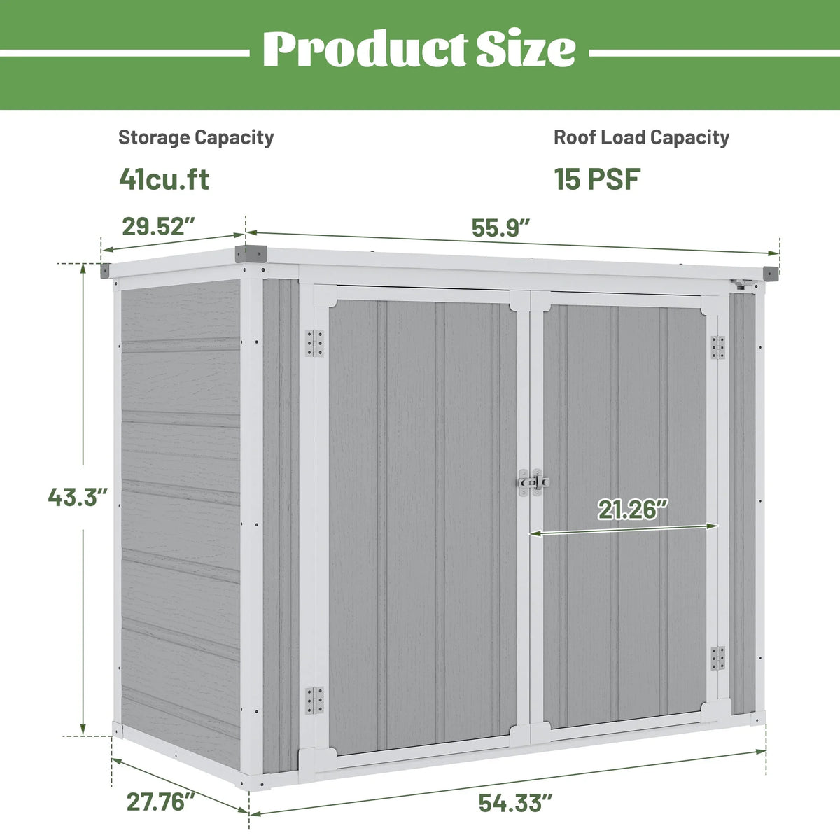 41 cu.ft Outdoor Shed, Horizontal All-Weather Resin Storage Shed, Resistant Tool Shed for Storage of Bike/Trash Cans/Garden Tools/Lawn Mowers, 55.9"L x 29.52"W x 43.3"H Gray