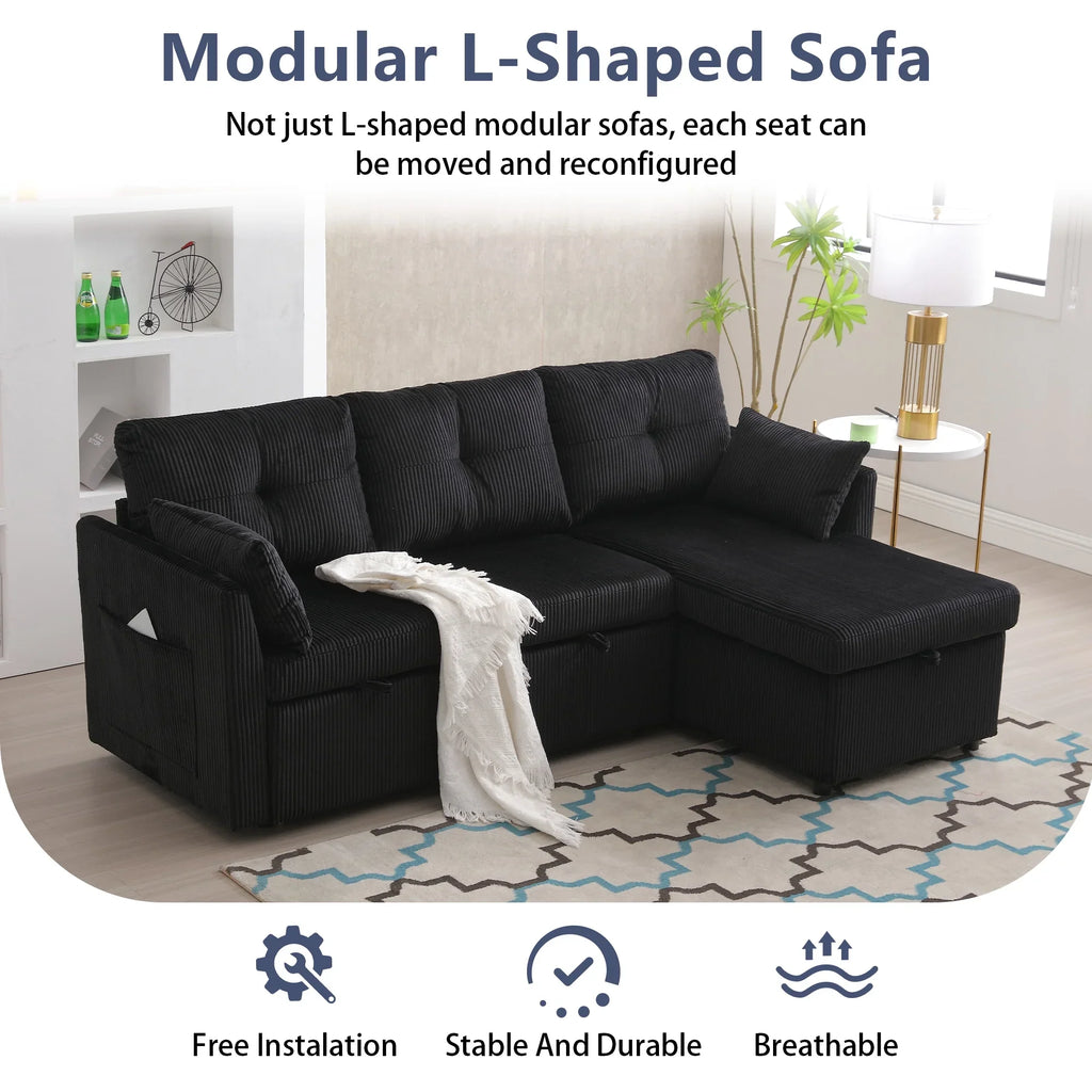 Villeston L-Shaped 3-Seat Sofa with Pull-Out Bed, with Storage Chaise Couch for Living Room, Chenille Fabric,Olive