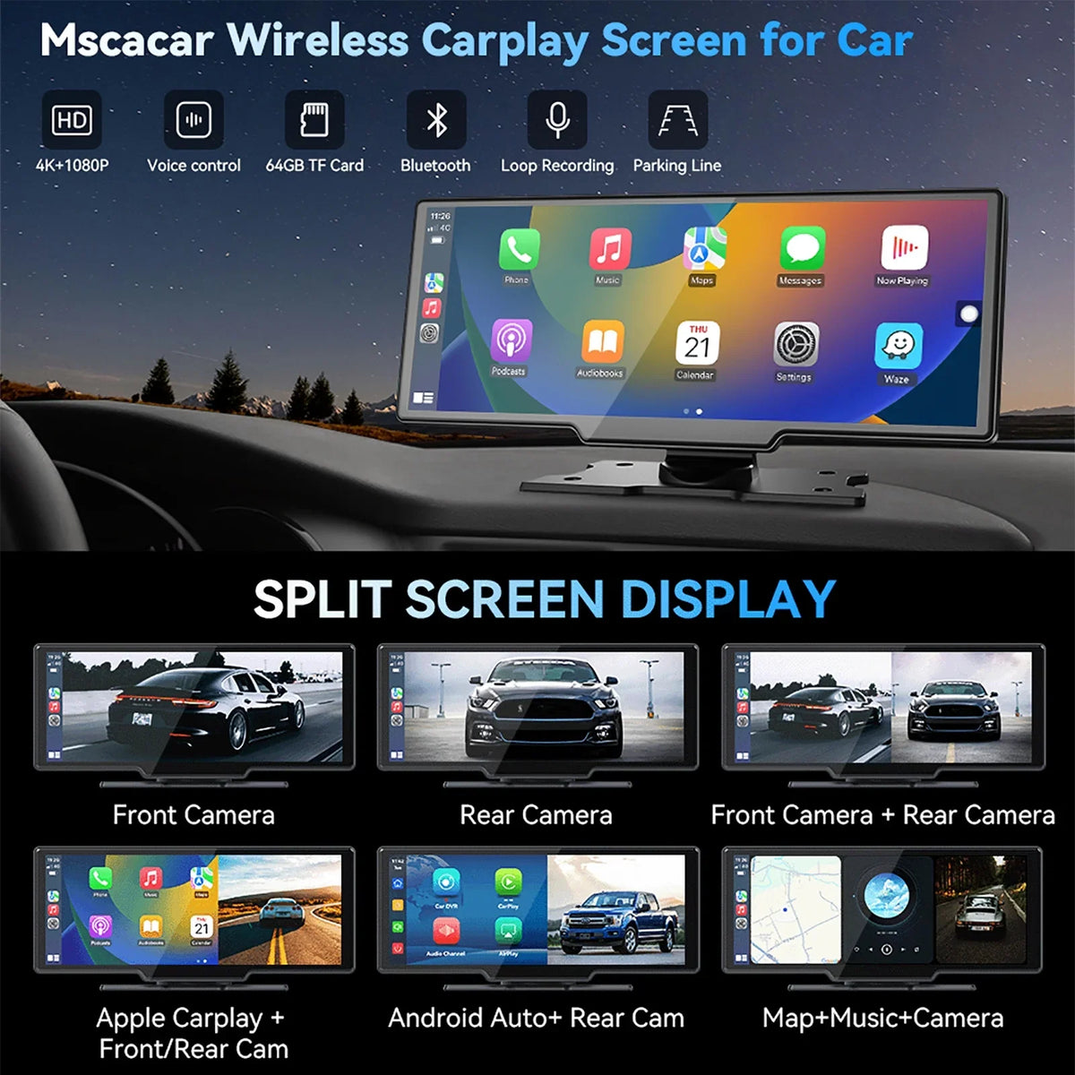 10.26" Wireless Apple Carplay Screen with Android Auto, 4K Dash Cam, Backup Camera, Bluetooth, GPS, Voice Control