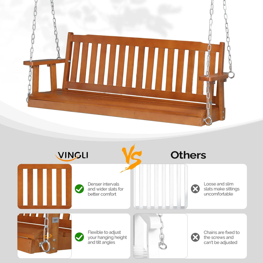 VINGLI Heavy Duty 880 LBS 4 FT Patio Wooden Porch Swing with Upgraded Adjustable Chains, Rustic