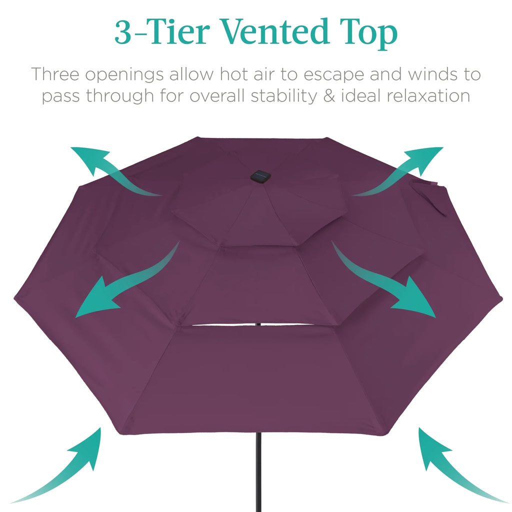 Best Choice Products 10ft 3-Tier Solar Patio Umbrella w/ 24 LED Lights, Tilt Adjustment, Easy Crank - Tan