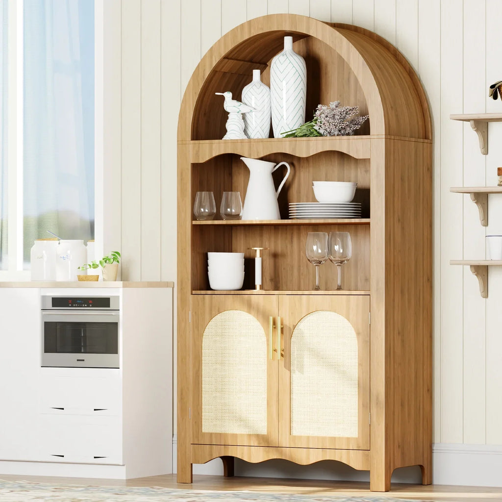 LAZZO 73-Inch Tall Arched Kitchen Pantry Storage Cabinet, 2 Doors, Brown