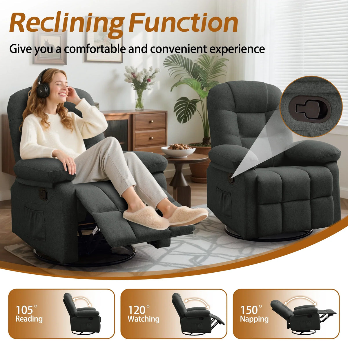 Korser Manual Swivel Rocker Recliner Chair for Living Room,Small Recliner Sofa for Small Spaces,Linen Fabric,Dark Black