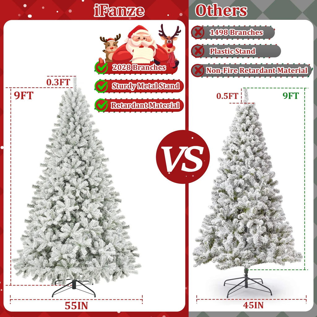 Qunler 9ft Snow Flocked Christmas Tree with 2028 Tips, Artificial Snowy Xmas Pine Tree with Reinforced Metal Base for Home Office Party Holiday Decorations,White(NO Light)