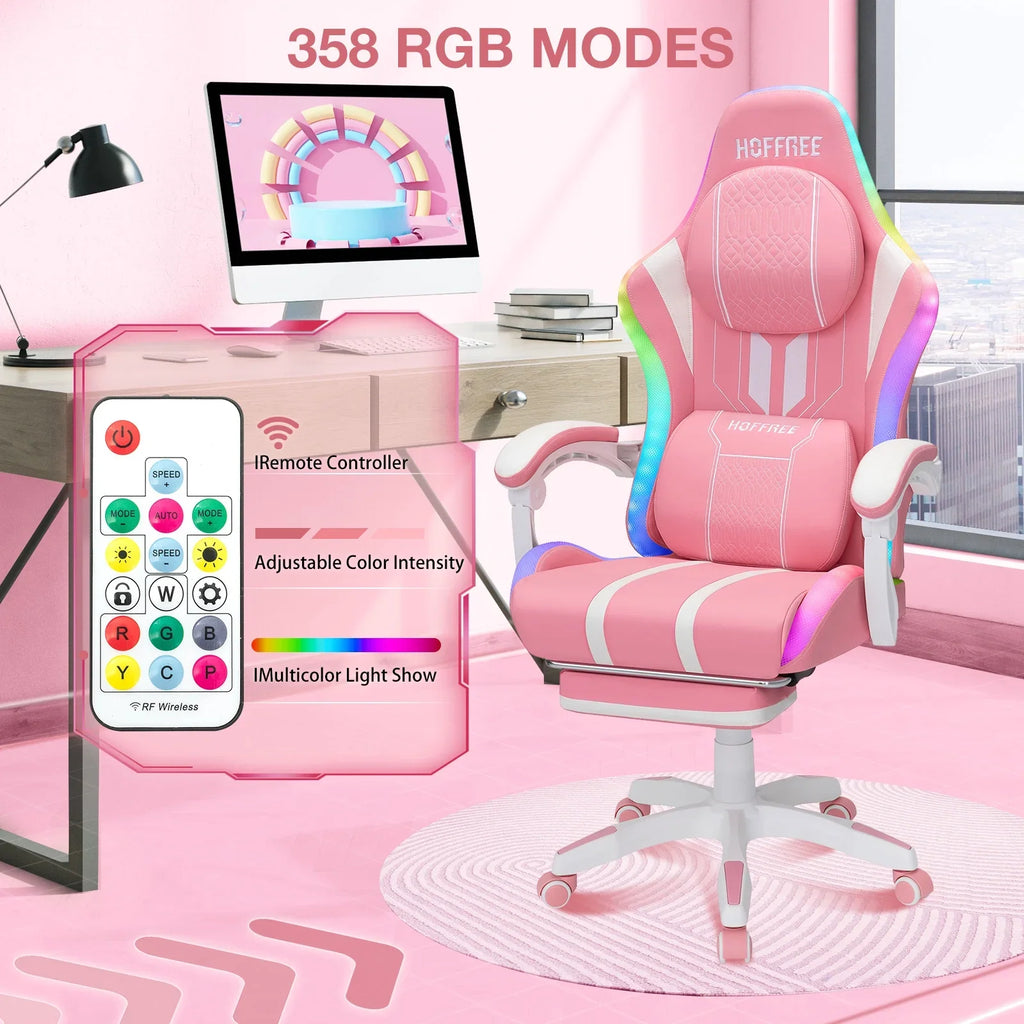 HOFFREE Big and Tall Gaming Chair with Speakers and RGB Lights, Gamer Chair with Footrest, Lumbar Support Height Adjustable 360-Swivel Seat and Headrest for Adults, 400lbs