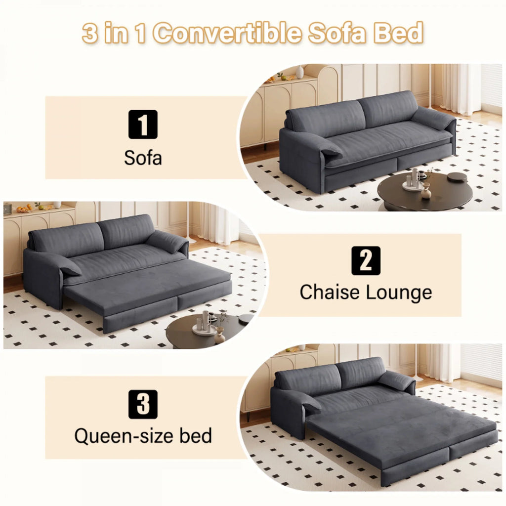 66" Queen Pull Out Sofa Bed, 3-in-1 Convertible Sleeper Sofa with Side Storage,Multi-Functional Velvet Loveseat Bed for Living Room,Bedroom