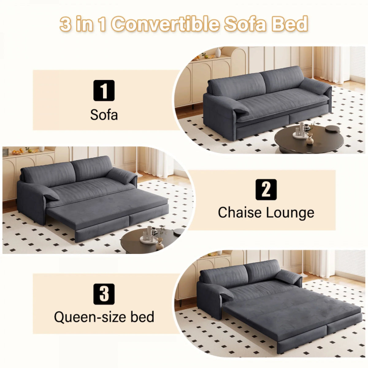 66" Queen Pull Out Sofa Bed, 3-in-1 Convertible Sleeper Sofa with Side Storage,Multi-Functional Velvet Loveseat Bed for Living Room,Bedroom