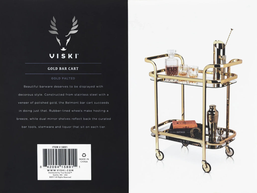 Viski Stainless Steel Bar Cart with Wheels, Mirror Shelves, Home Bar, Gold