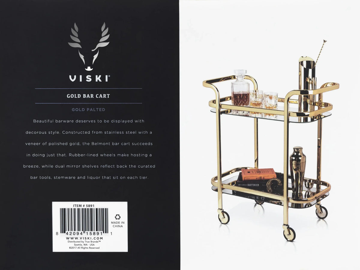 Viski Stainless Steel Bar Cart with Wheels, Mirror Shelves, Home Bar, Gold