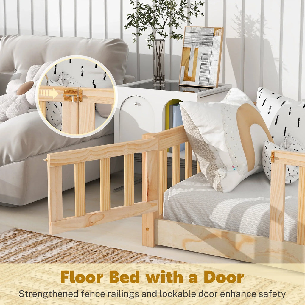 PAPROOS Twin Size Floor Bed, Solid Wood Toddler Bed with Slat, Fence Guardrail and Door, No Box Spring Needed, Montessori Bed, Twin Bed for Kids, Boys, Girls, Gray