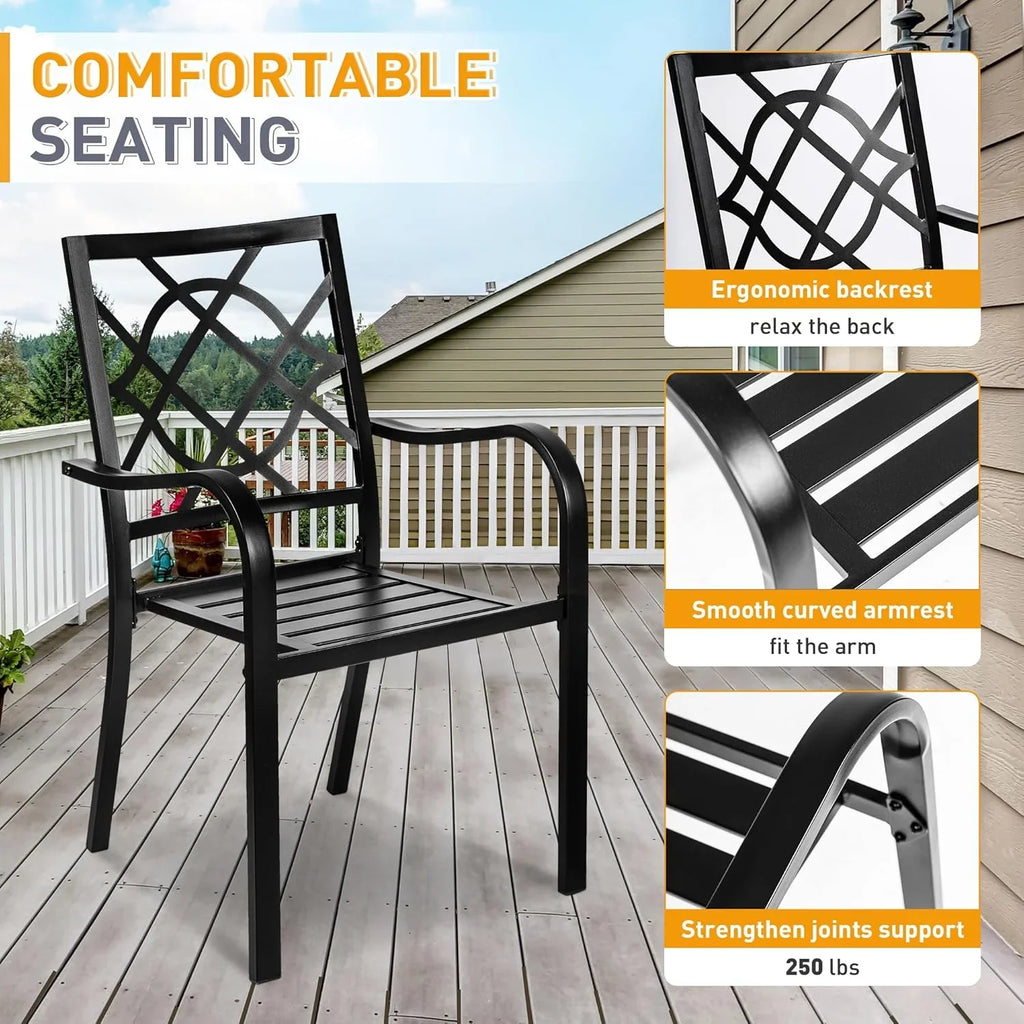 SUNCROWN 5-Piece Outdoor Wrought Iron Chairs and Table Patio Dining Furniture Set - 4 Stackable Metal Chairs, 1 Steel Slat Bistro Table and 1 Sky Blue 9Ft Patio Umbrella for Garden Backyard Deck