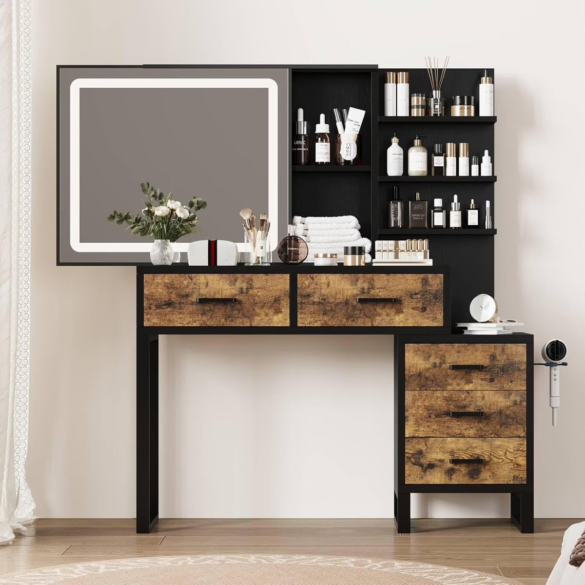 Vanity Desk with Adjustable LED Lighted Sliding Mirror,Makeup Vanity with 5 Drawers&Open Shelves for Bedroom