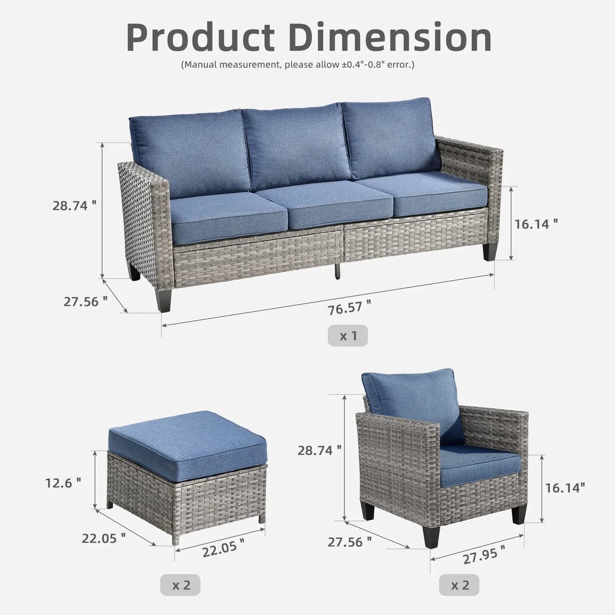 Ovios 5 Pieces Outdoor Patio Furniture Set Wicker Rattan Outdoor Conversation Comfortable Sectional Sofa with Steel Frame, Grey