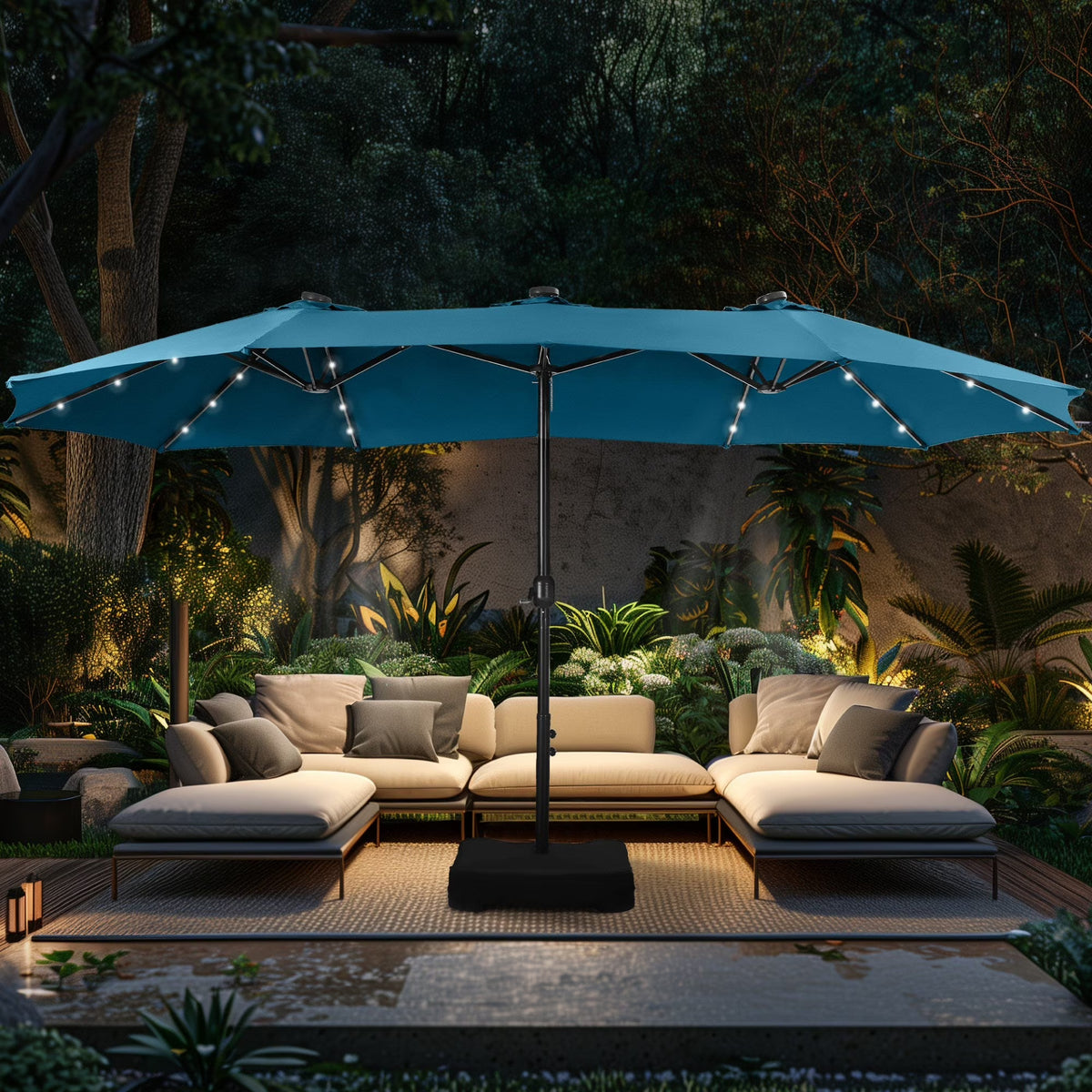 Alpha Joy 15ft Extra Large Outdoor Patio Double-Sided Umbrella with LED Solar Lights & Umbrella Base, Beige