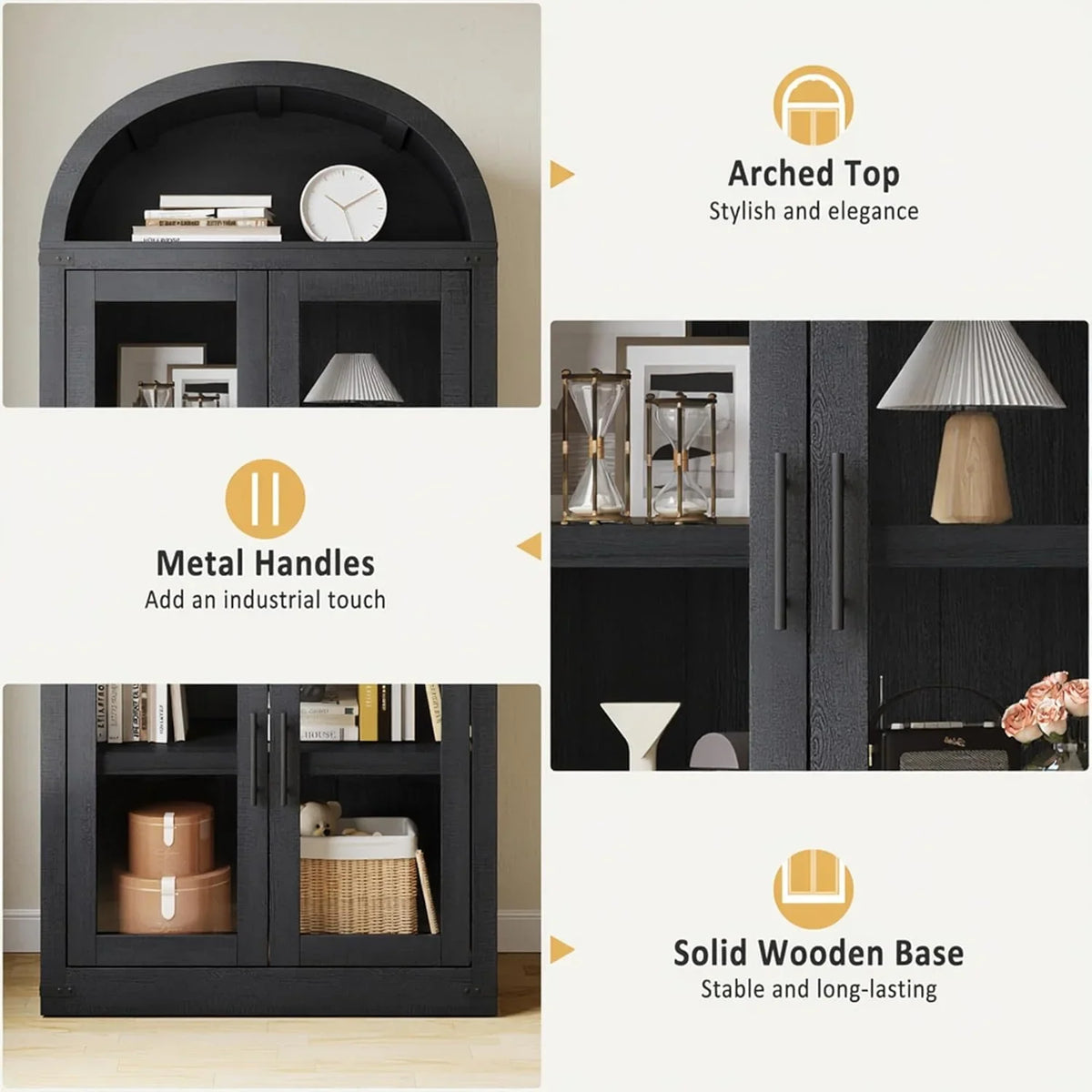 AOILE 72" Tall Arched Farmhouse Bookcase with Doors, Wooden Display Cabinet with Storage Shelves