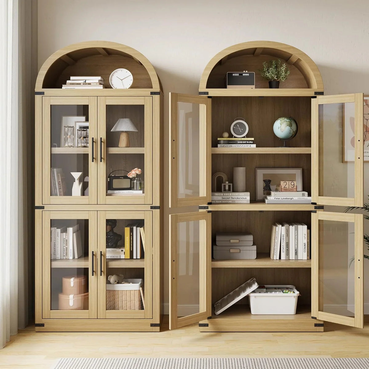AOILE 72" Tall Arched Farmhouse Bookcase with Doors, Wooden Display Cabinet with Storage Shelves
