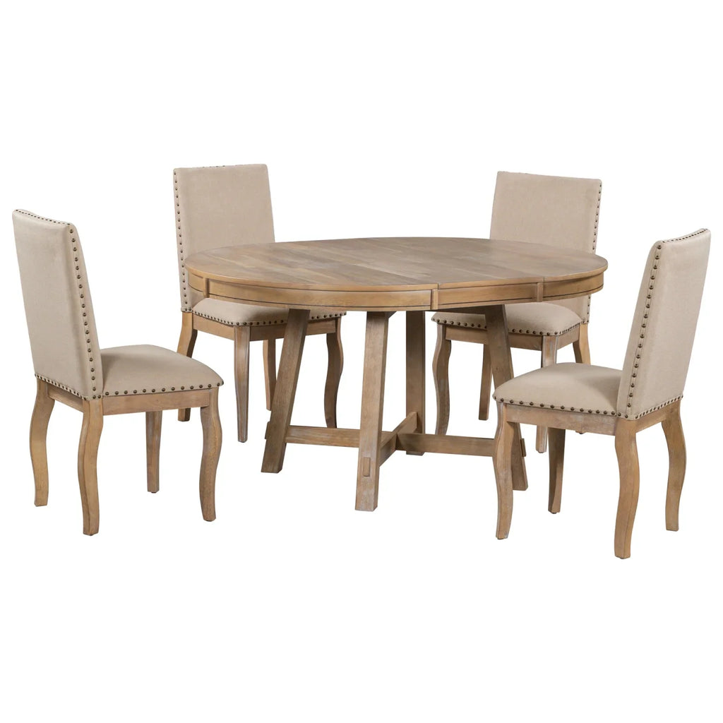 Harper & Bright Designs Round Extendable Dining Table Set for 4, 5 Piece Farmhouse Wood Dining Table Set with 4 Upholstered Dining Chairs, Natural Wood Wash