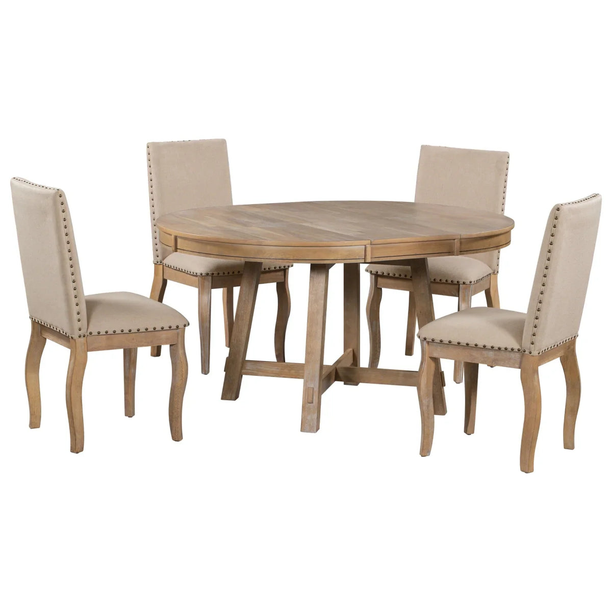 Harper & Bright Designs Round Extendable Dining Table Set for 4, 5 Piece Farmhouse Wood Dining Table Set with 4 Upholstered Dining Chairs, Natural Wood Wash