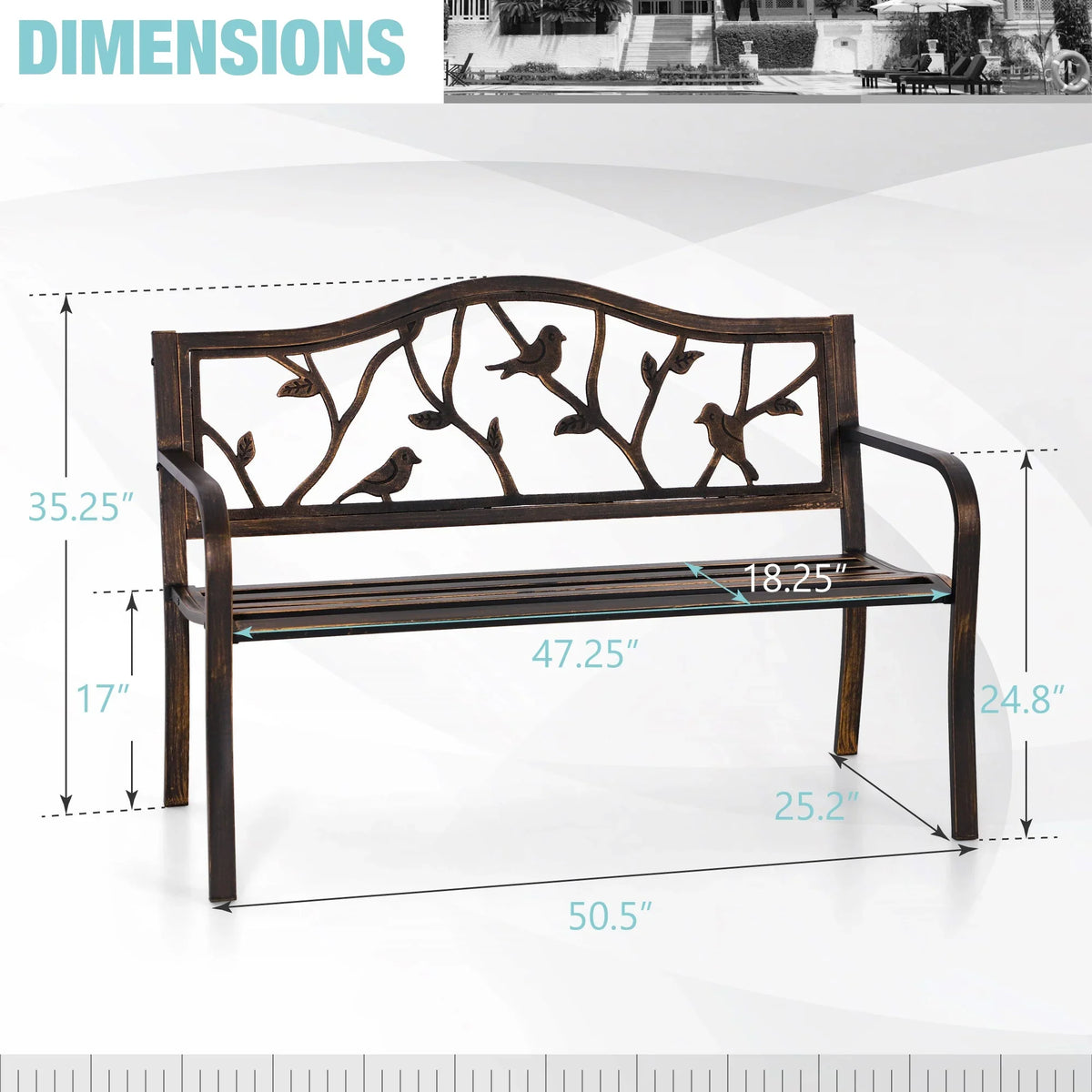 Alpha Joy 50" Outdoor Bench Metal Patio Garden Bench Slatted Seat for Lawn, Park, Porch, Backyard, Deck- Bronze