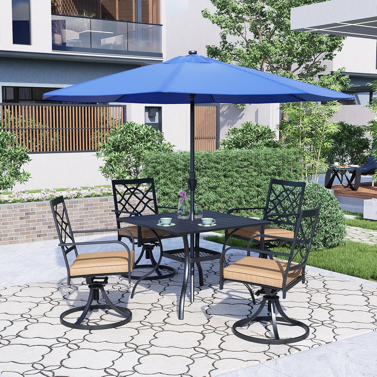 SUNCROWN 5-Piece Outdoor Wrought Iron Chairs and Table Patio Dining Furniture Set - 4 Stackable Metal Chairs, 1 Steel Slat Bistro Table and 1 Sky Blue 9Ft Patio Umbrella for Garden Backyard Deck