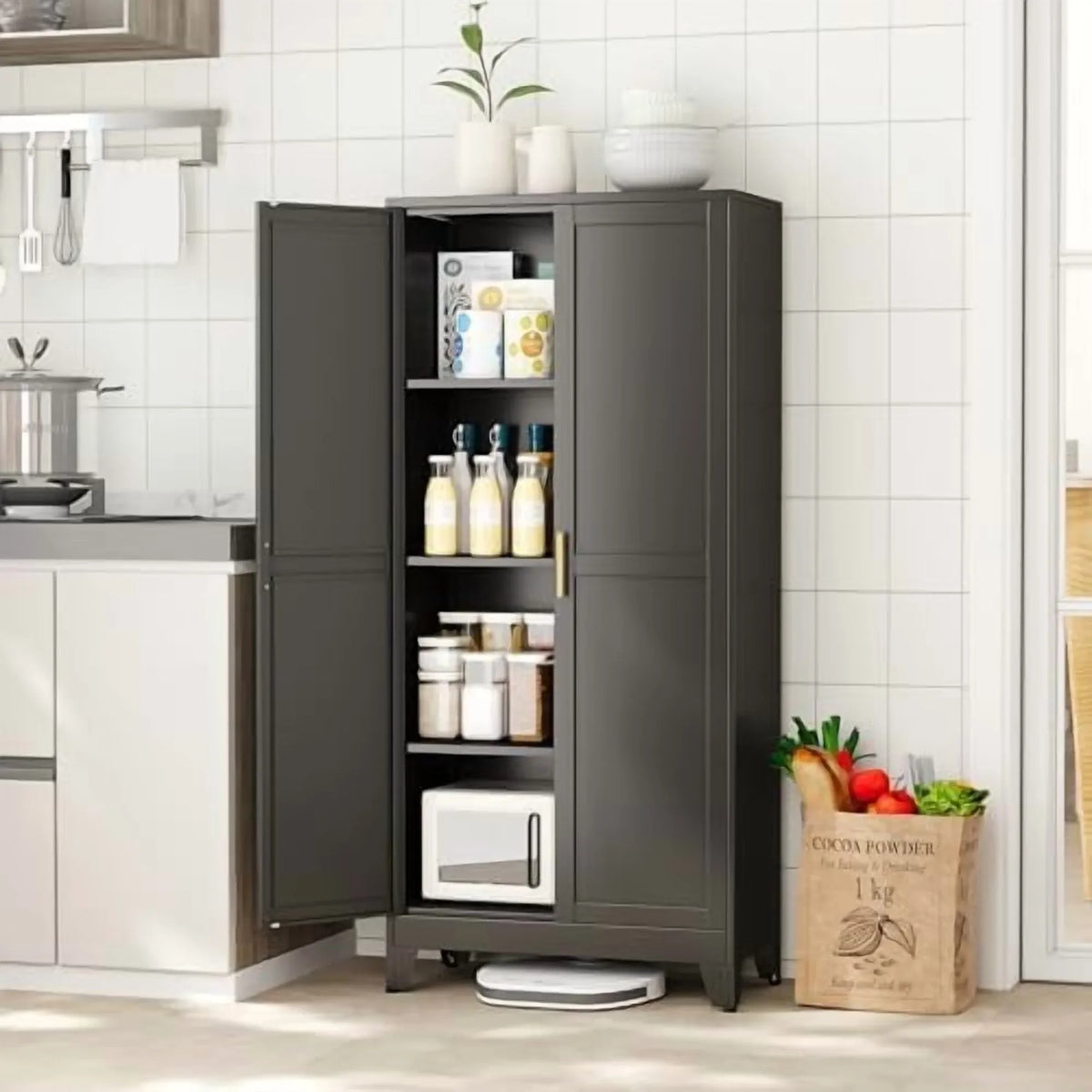 Metal Kitchen Pantry Storage Cabinet with 2 Doors and 3 Adjustable Shelves,Pantry Cabinet with Adjustable Leveling Foot for Kitchen, Living Room, Dining Room"White"