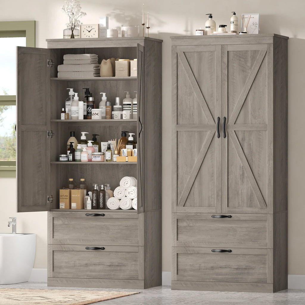 Homfa 70.3"H Bathroom Storage Cabinet, Farmhouse Linen Storage Cabinet with 2 Drawers, White