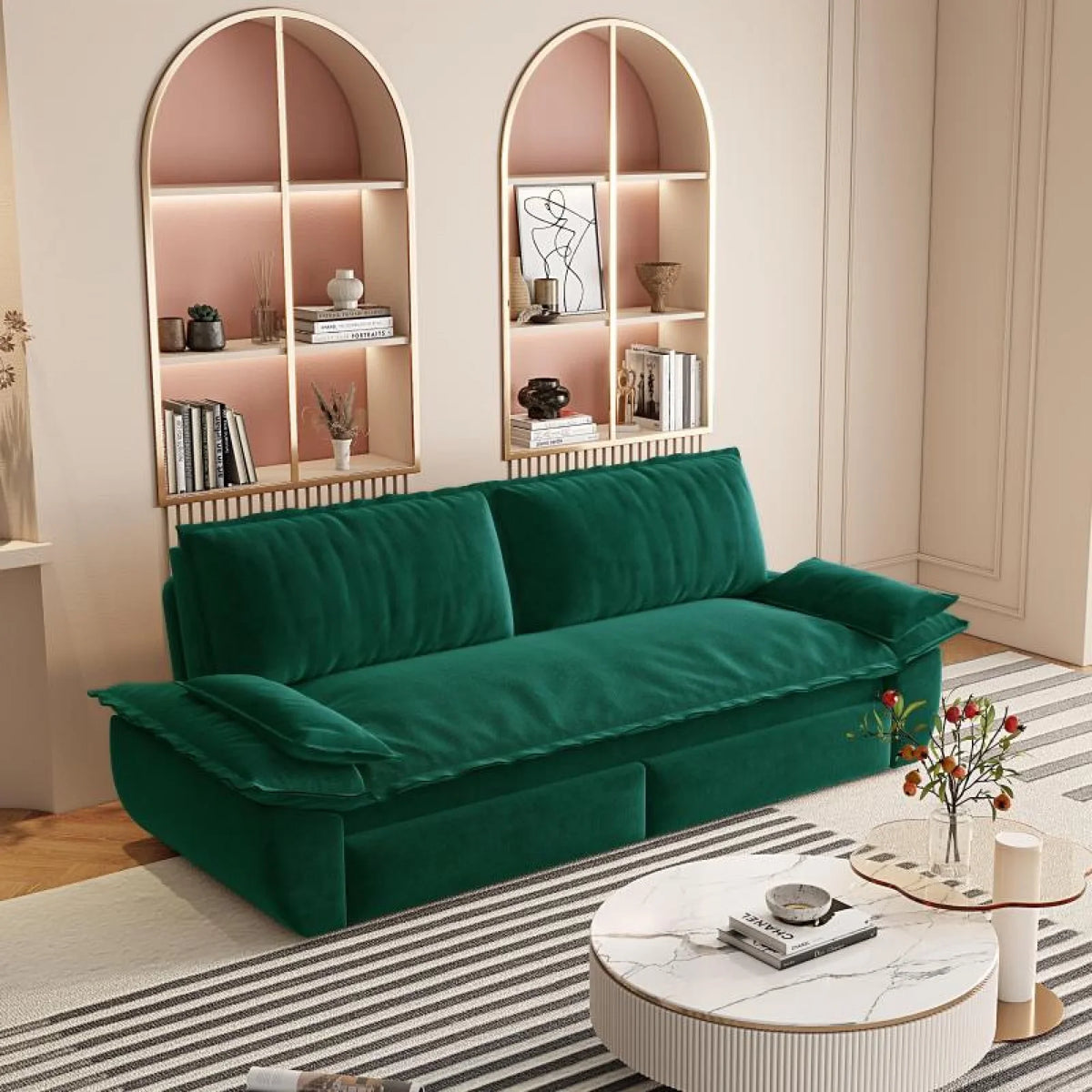 66" Queen Pull Out Sofa Bed, 3-in-1 Convertible Sleeper Sofa with Side Storage,Multi-Functional Velvet Loveseat Bed for Living Room,Bedroom