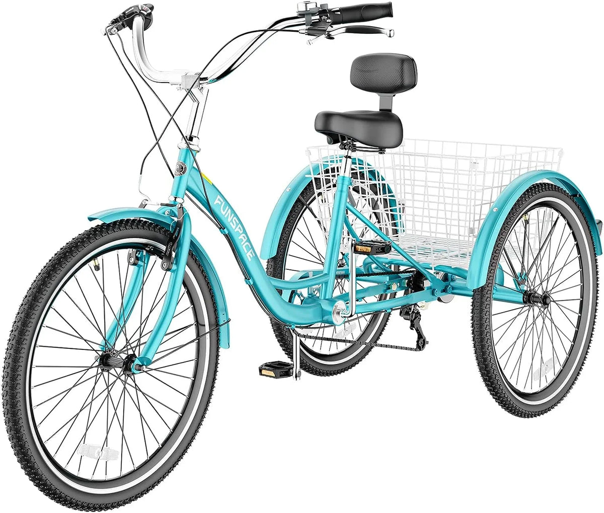 MOONCOOL Adult Tricycles with Rear Basket & Inflator, 24 26 inch 7 Speed 3 Wheel Bikes, Three-Wheeled Bicycles Adult Trike with Backrest for Seniors, Women, Men