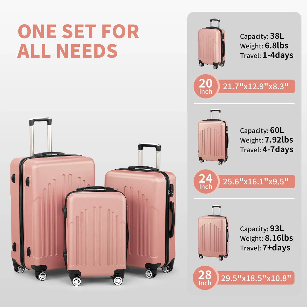Red 3-Piece Hardshell Spinner Luggage Set (20in, 24in, 28in) - Large ABS Suitcase Set with 8 Wheels, Lightweight & Durable for Travel