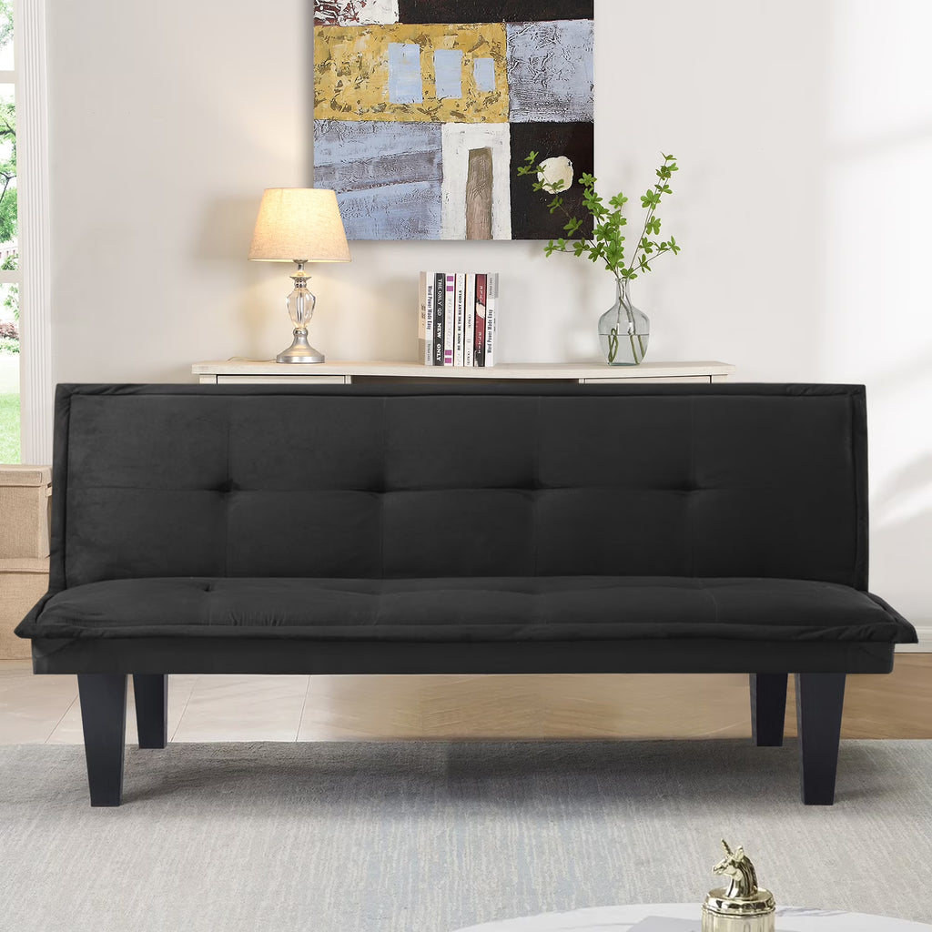 Black Futon Sofa Bed,Modern Faux Suede Convertible Sofa Bed with 3 Adjustable Backrest Angles,Loveseat Sleeper Couch for Living Room Apartment Furniture
