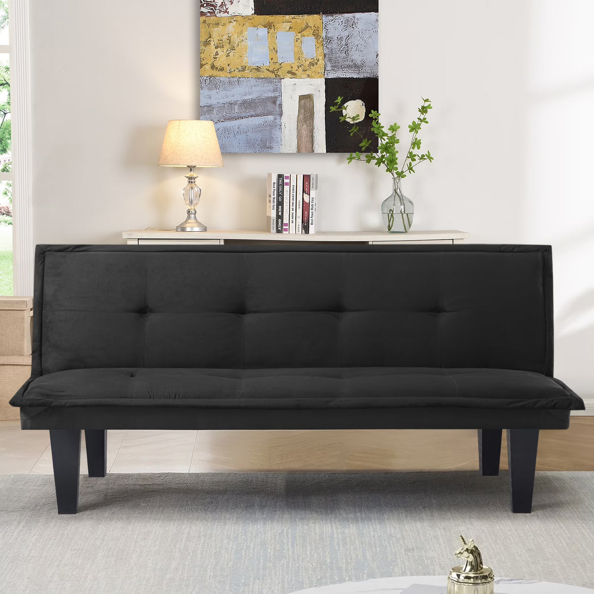 Black Futon Sofa Bed,Modern Faux Suede Convertible Sofa Bed with 3 Adjustable Backrest Angles,Loveseat Sleeper Couch for Living Room Apartment Furniture