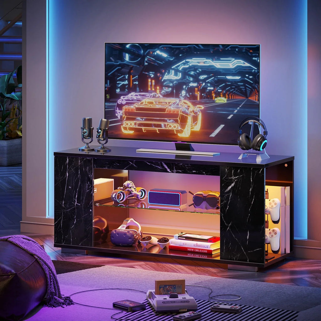 Pinmoco 47'' TV Stand for TVs up to 55", Gaming Entertainment Center with LED Lights, Black
